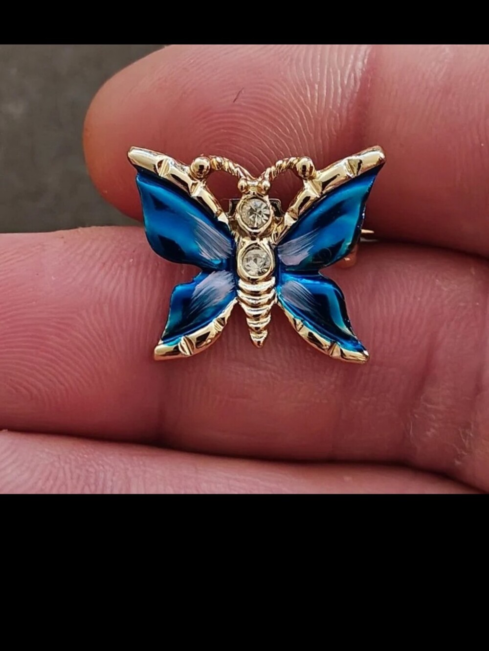 1980s Gold Tone Blue Enamel Butterfly Brooch Accented With Clear Rhinestones